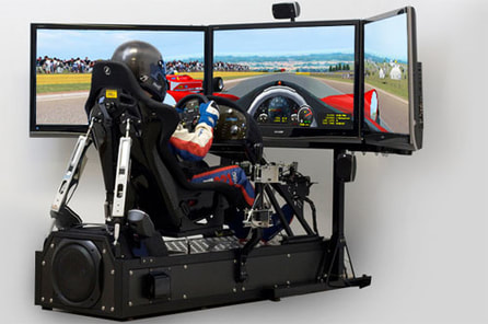 Person using a full sim racing set up with three screens