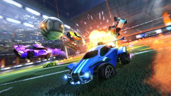 Blue Rocket League car hitting black with firey explosion of cars behind it