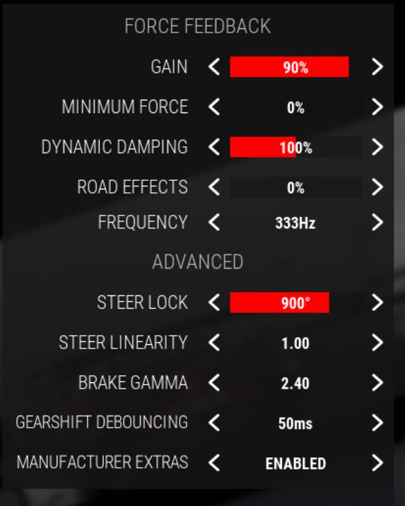 Force feedback results that include gain, minimum force, dynamic damping, road effects, frequency, steer lock etc...