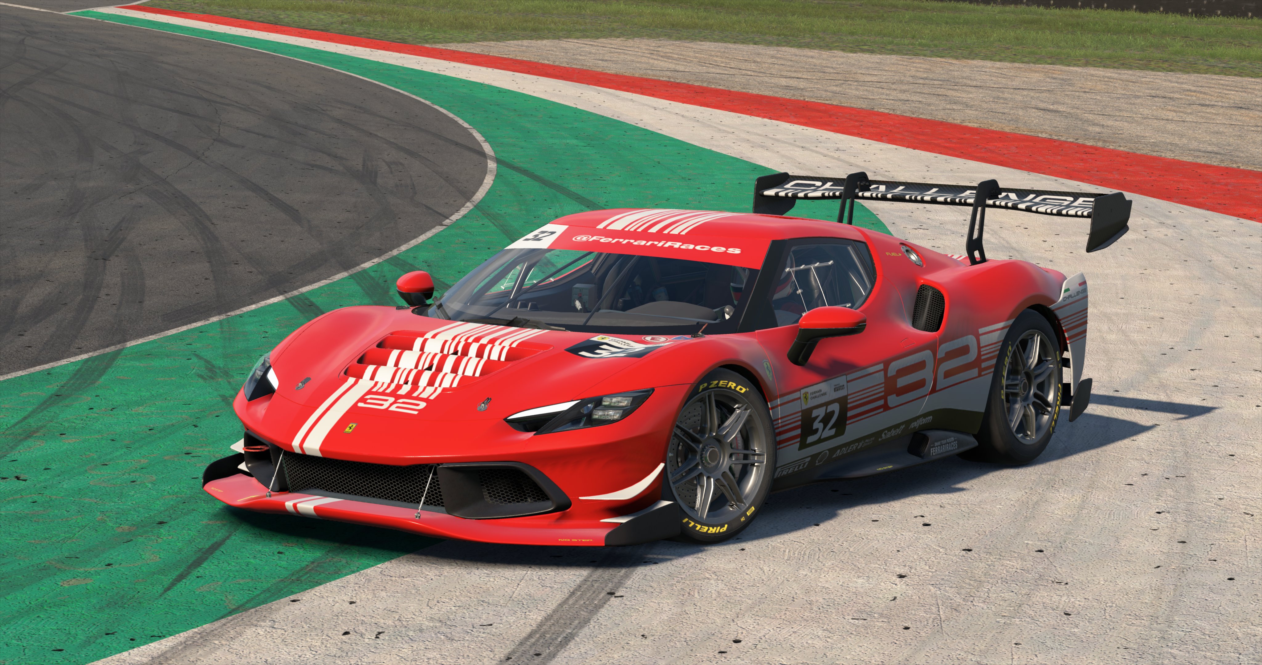 Red iRacing car coming around a turn on a track