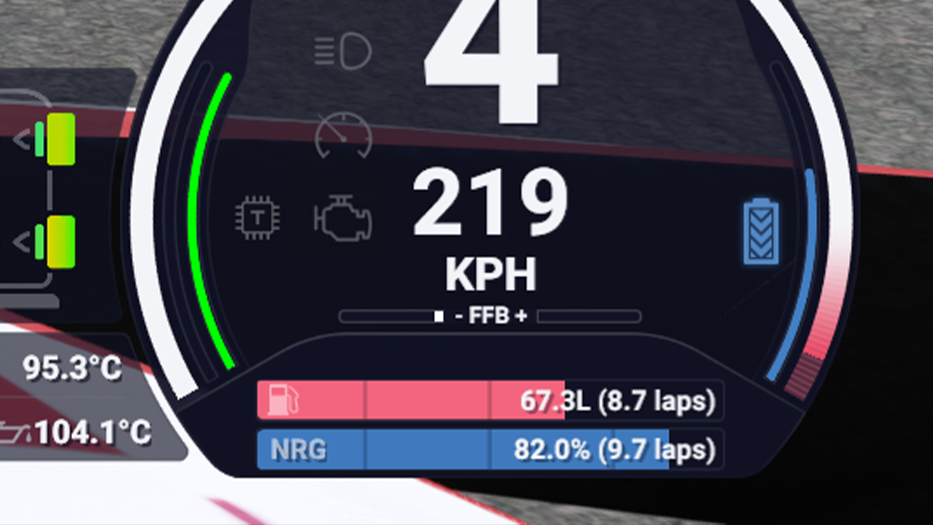 Screen showing NRG fuel reading of 4 and 219 KPH
