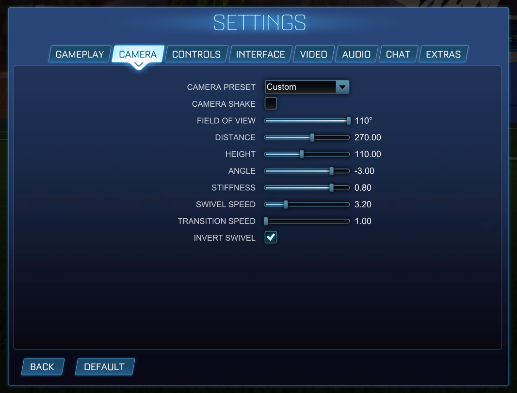 Blue screenshot of Rocket League's camera settings