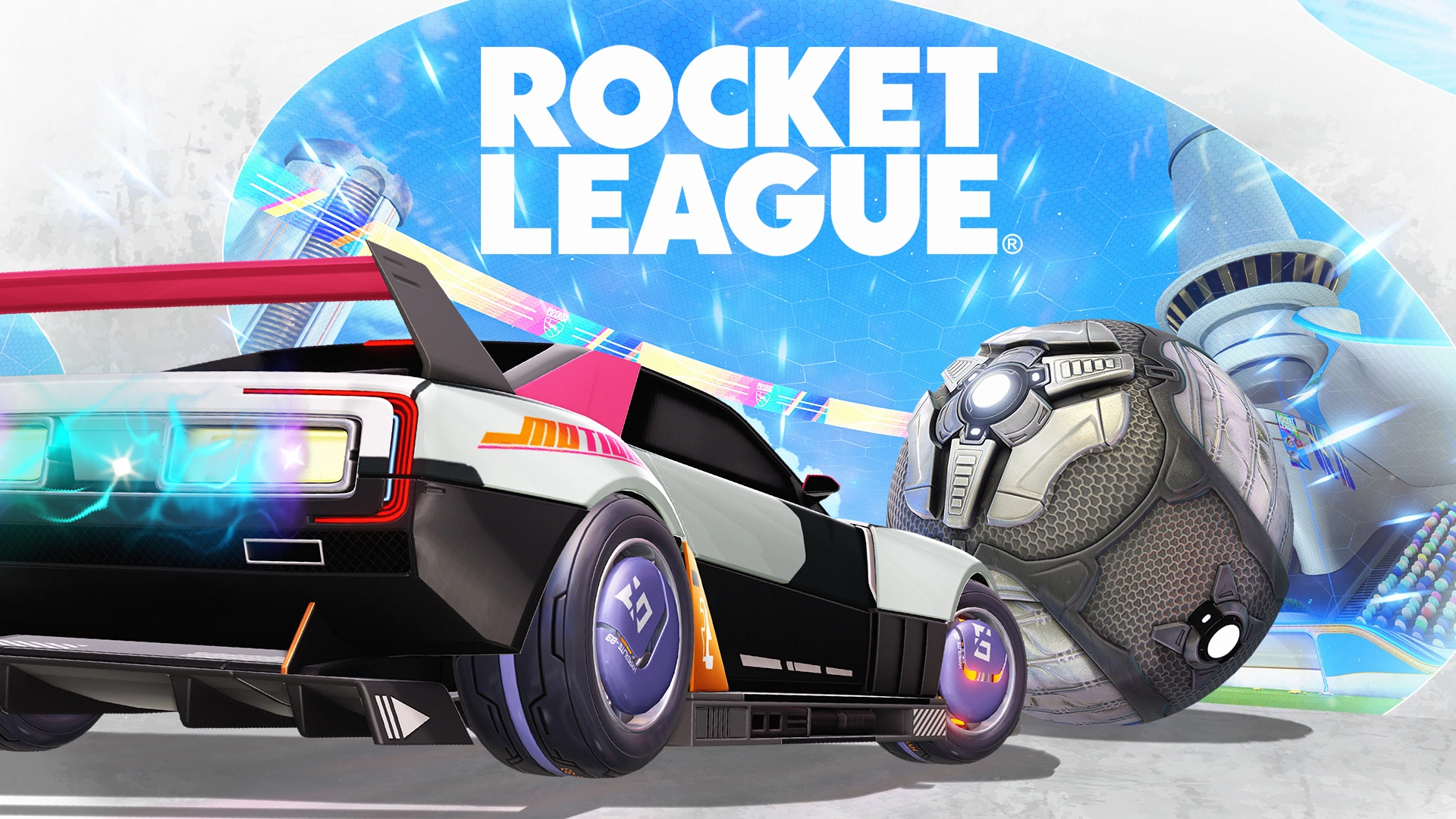 Four different coloured cars playing Rocket League with Rocket League text in the centre