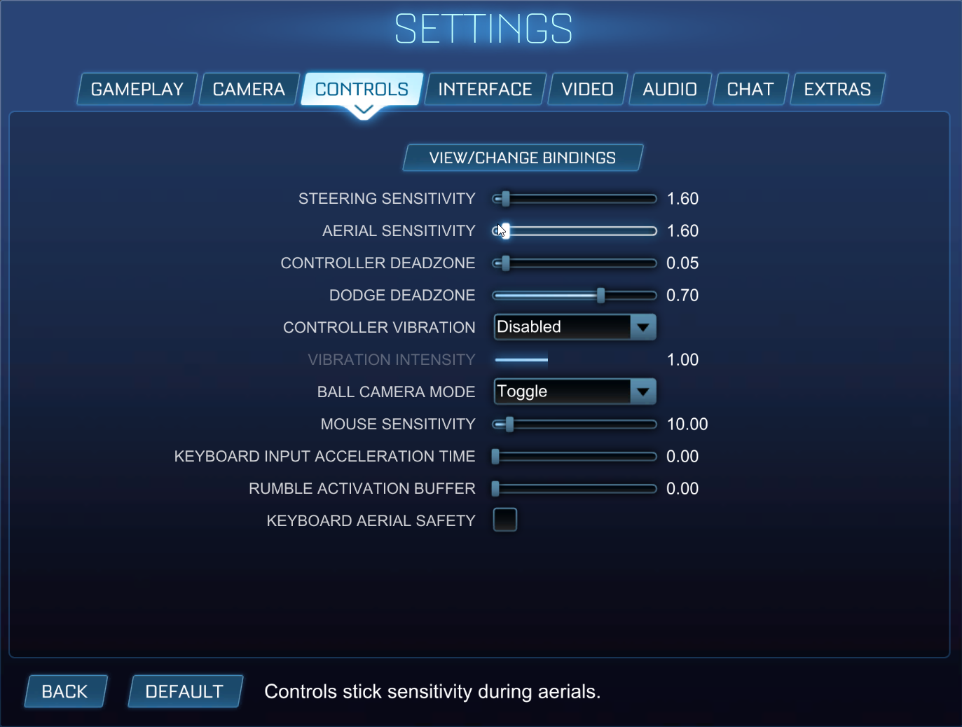 Screenshot of Controls tab on the Settings page in Rocket League