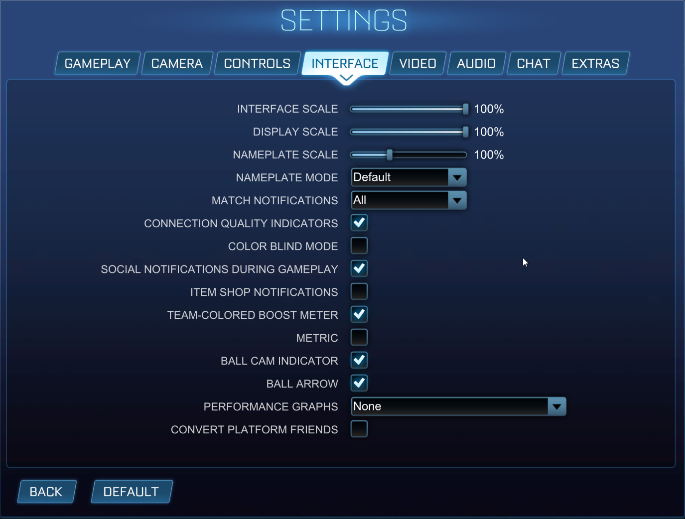 Screenshot of Interface tab on the Settings page in Rocket League